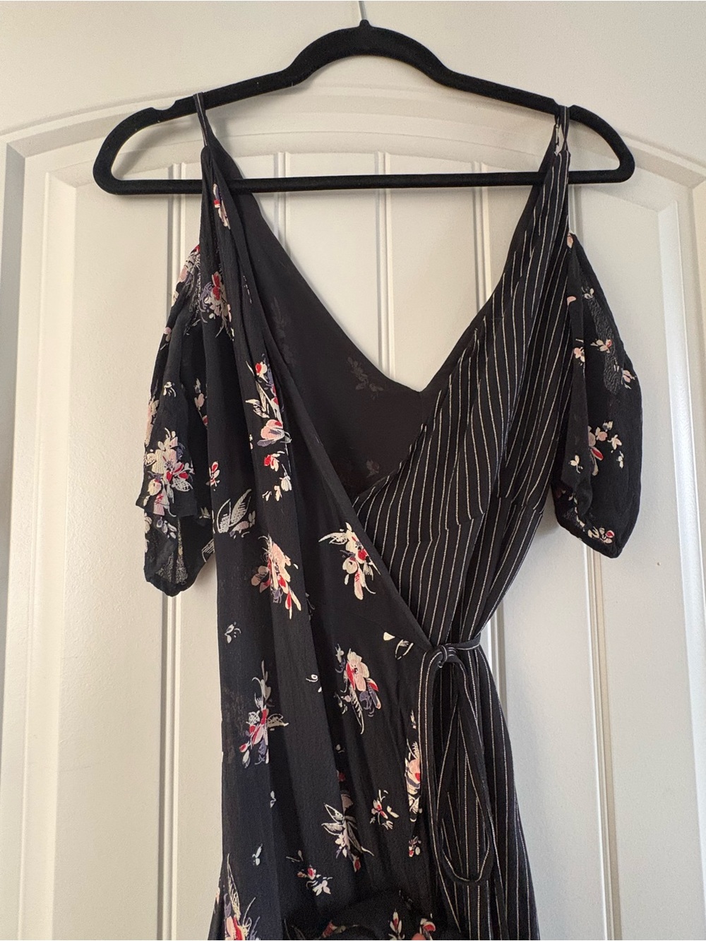 ASOS Black Floral & Pinstripe Wrap Maxi Dress with Tie